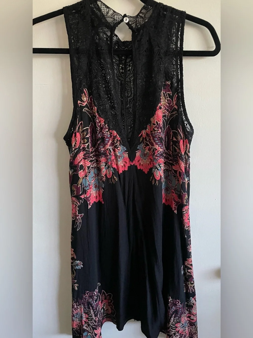 Free People Black Lace-Trim Floral Slip Dress with Pink and Blue Embroidery